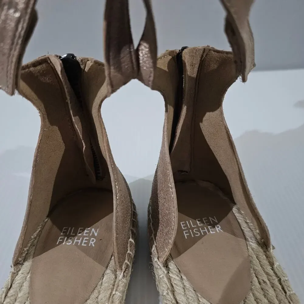 Eileen Fisher Lala Flat Espadrille Womens 9 Metallic Tan Leather Sandal